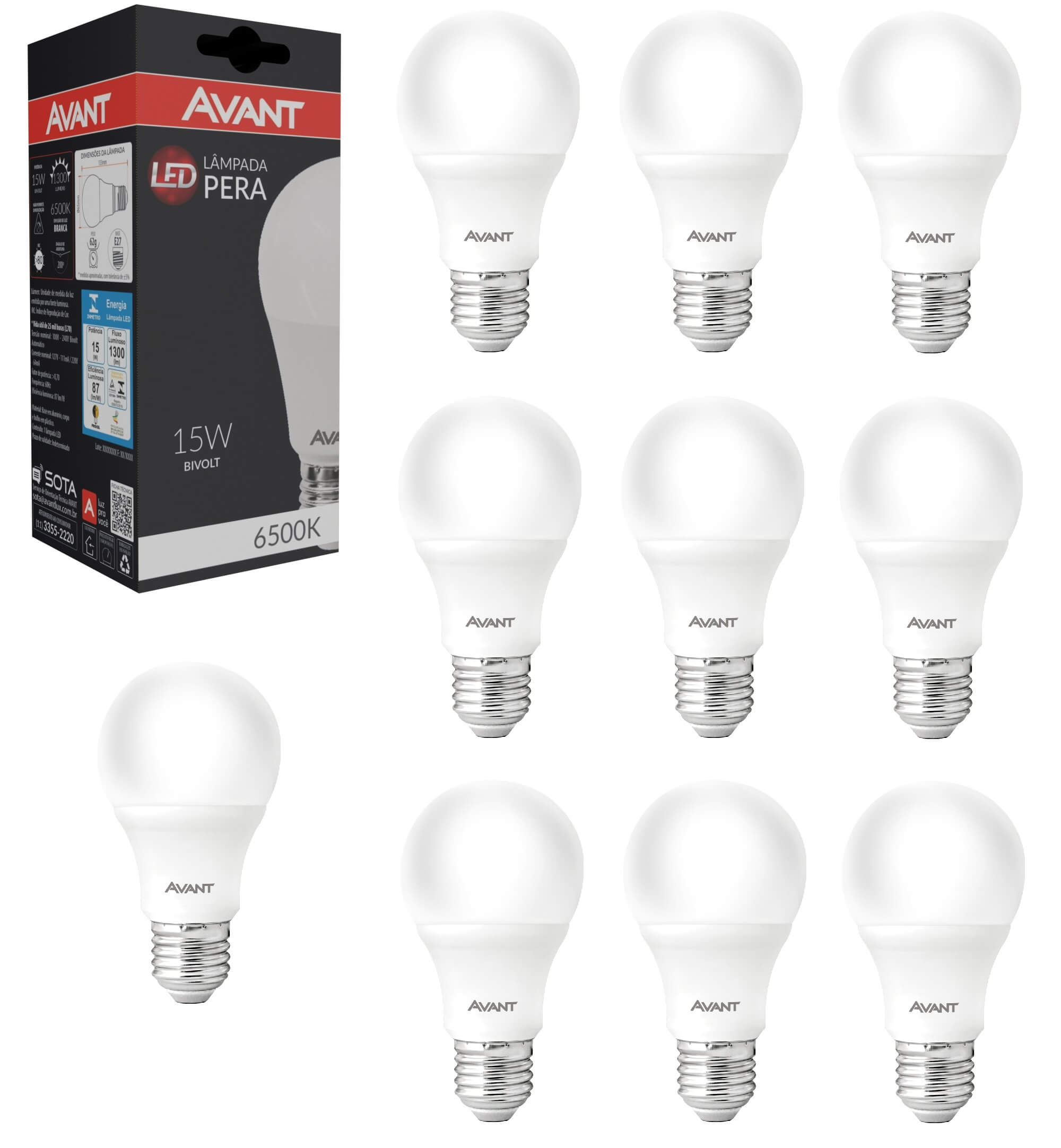 KIT 10 x Lâmpada Pera LED Bulbo A60 15W 6500K bivolt Branco frio E-27 AVANT