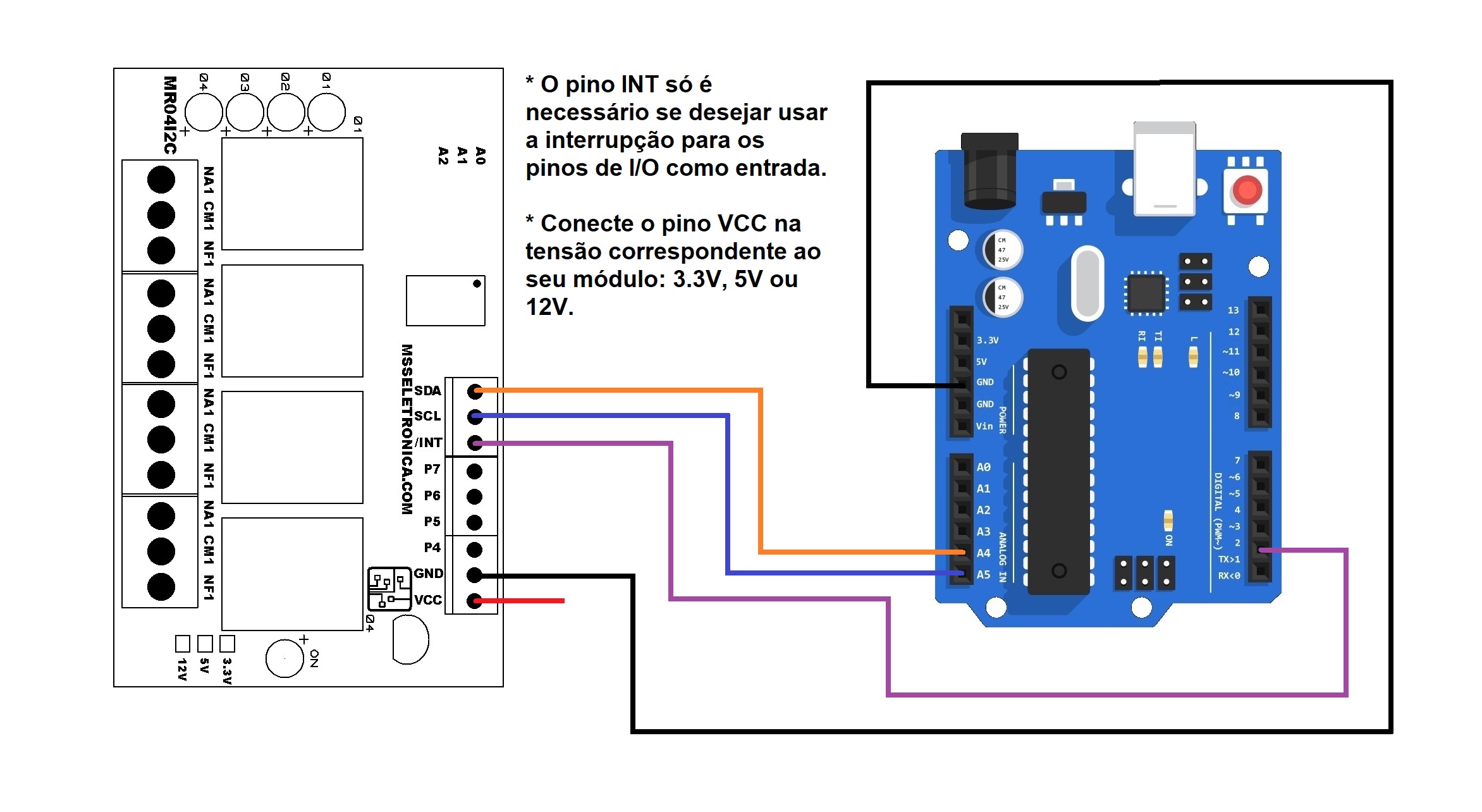 Módulo Relê serial I2C 4 canais 3.3V com PCF8574 - MR04I2C