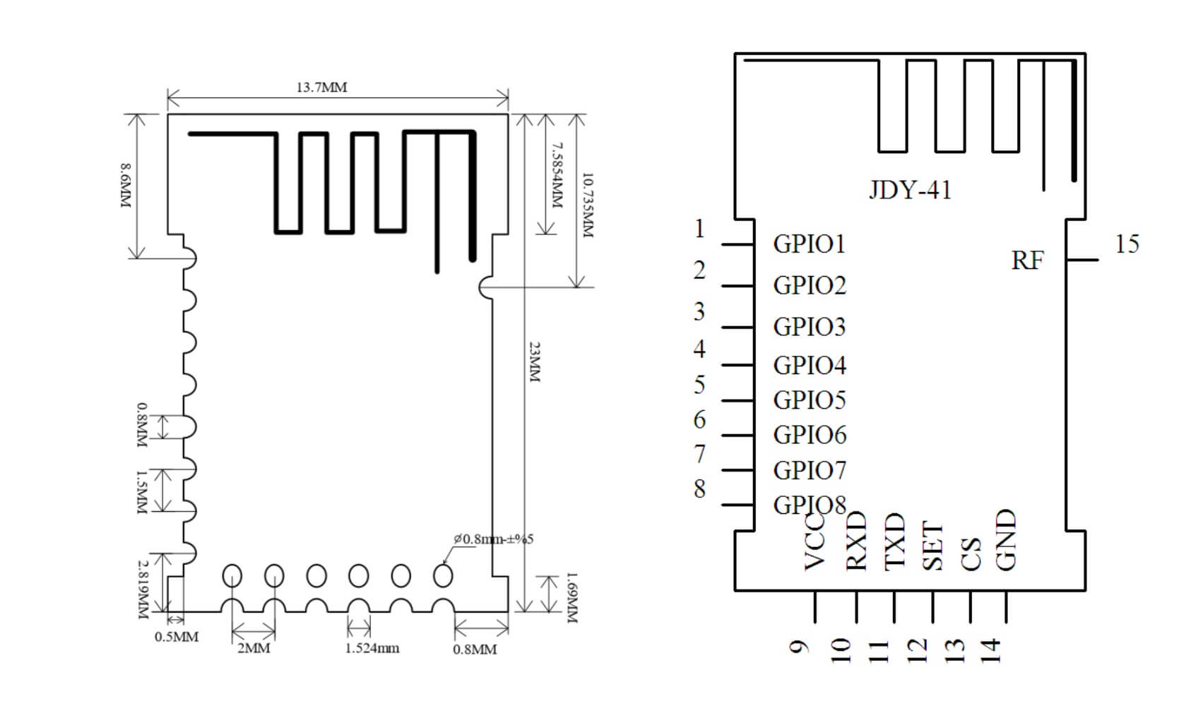 Módulo Transceptor sem fio 2.4Ghz 12db RS232 TTL JDY-41 - 160m