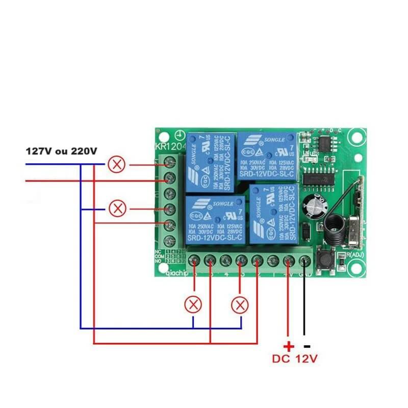 Módulo relê receptor 4 canais para automação residencial RF 433Mhz 12V KR1204